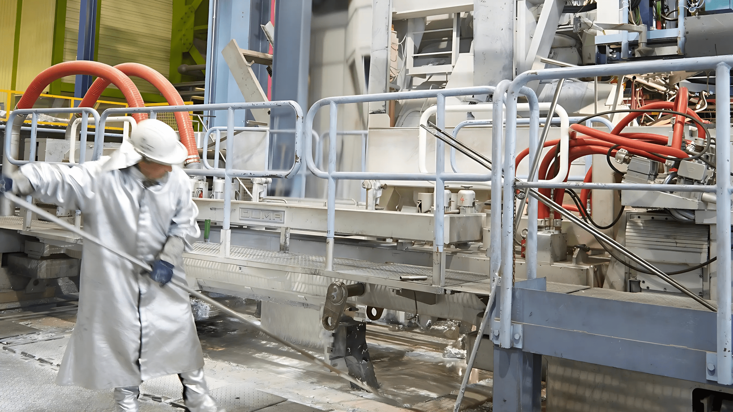 A plant operator in full safety gear managing production at a hot-dip galvanizing line in an industrial steel facility.